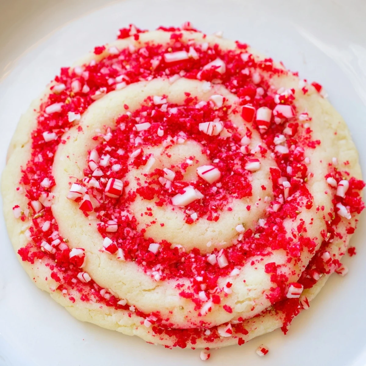 Festive red and white twisted cookie on a rustic plate beside a warm mug of hot cocoa.