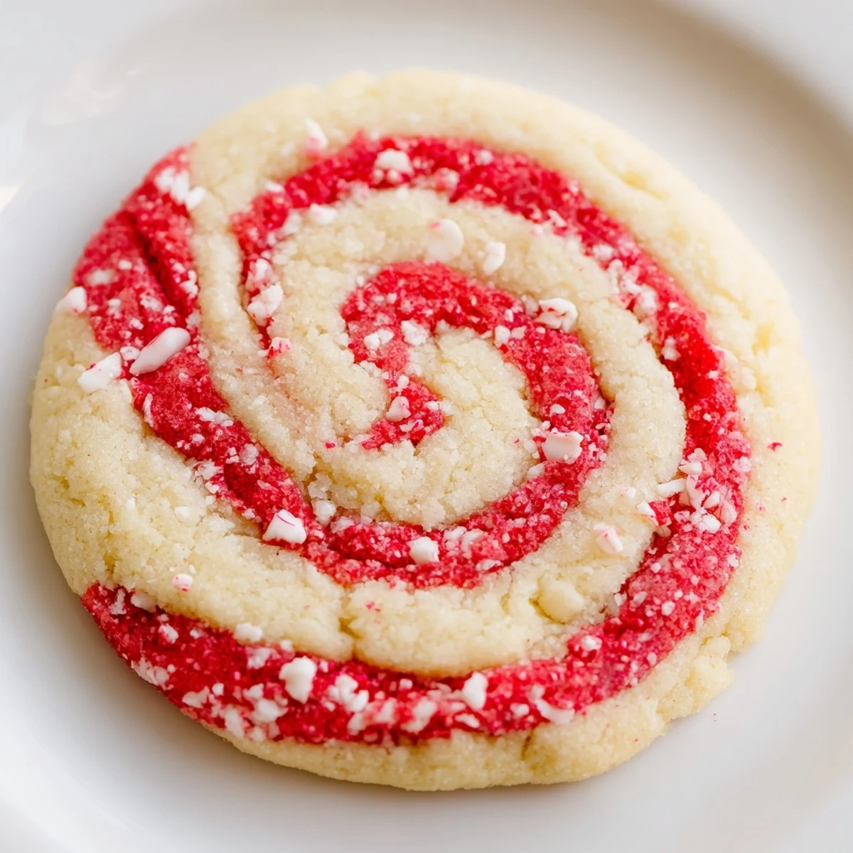 Close-up of a Cozy Evening Peppermint Twist Sugar Cookie with sparkly crushed peppermint and soft buttery texture.