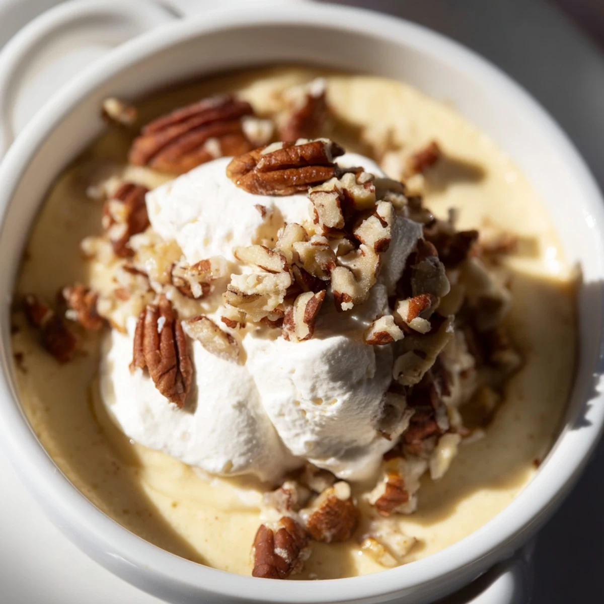 Golden-brown Cozy Evening Maple Dream dessert in ramekins, garnished with chopped pecans and a drizzle of maple.