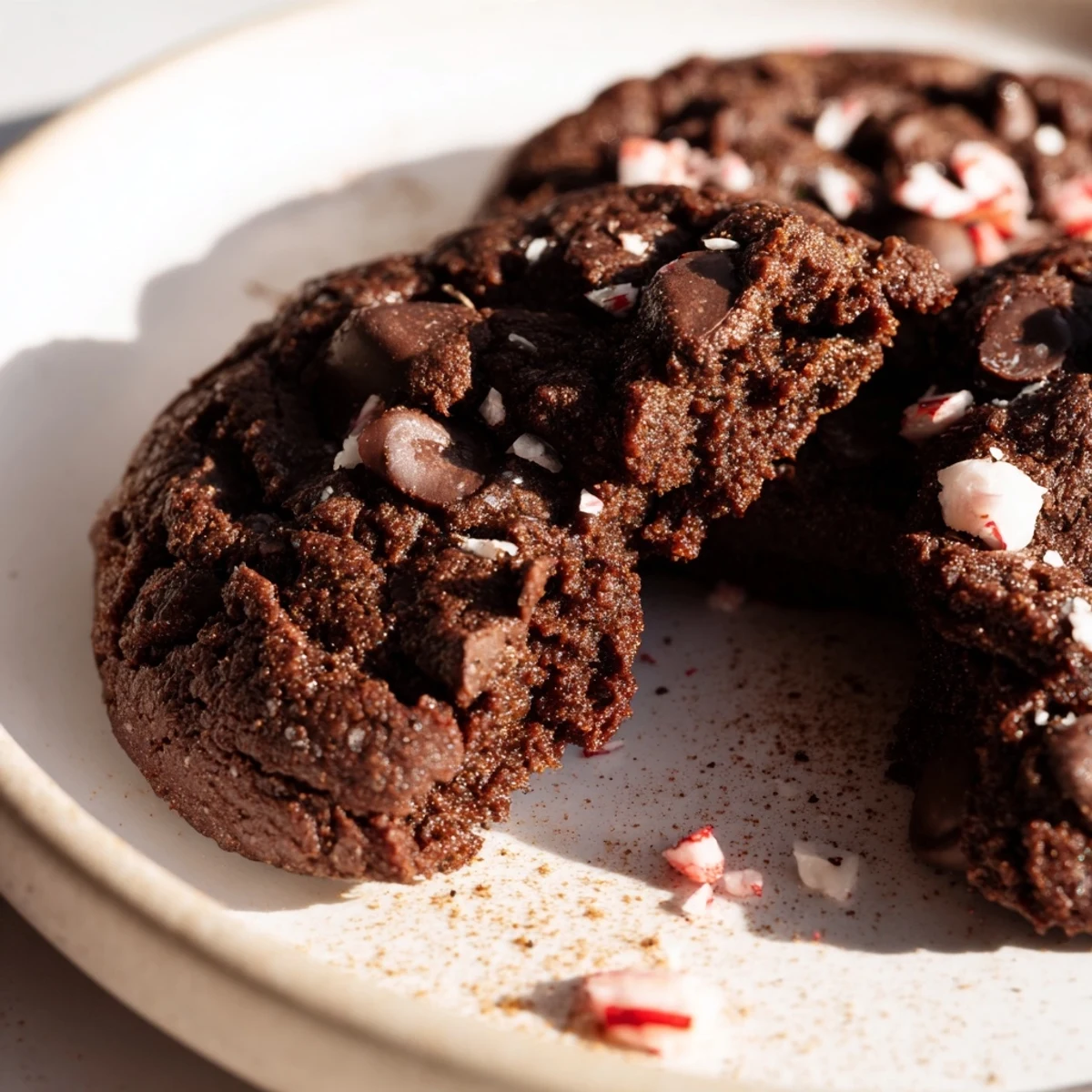 Four glossy Holiday Glow Cocoa Burst Keto Cookies are arranged on a wire cooling rack with festive peppermint pieces.