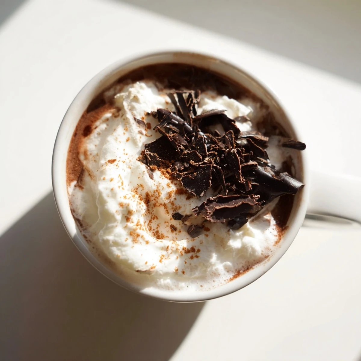 Two cozy cups of Winter Spice Mocha Whisper beside dark chocolate shavings and whole spices.