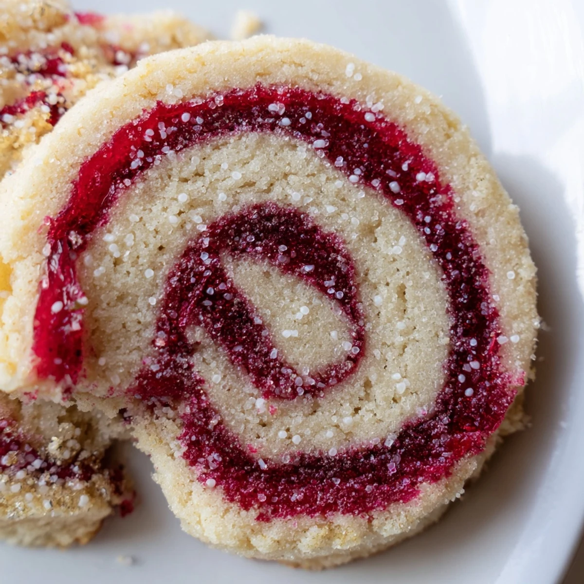 Close-up of a New Year Celebration Cranberry Swirl Sugar Cookie showing the pink swirls and texture.