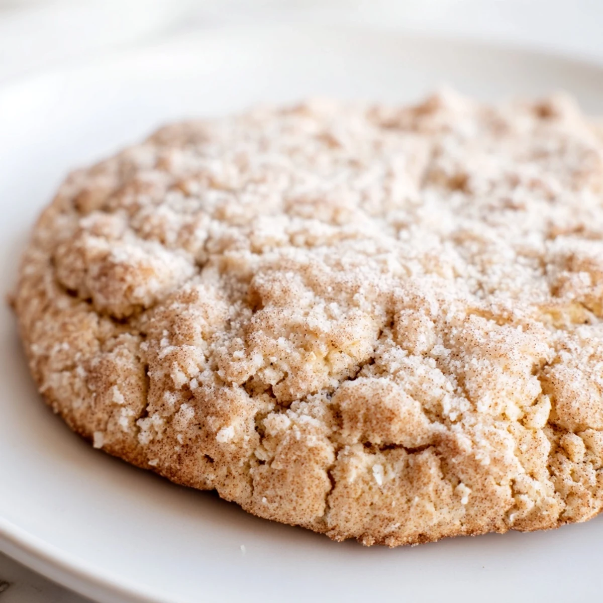 Four golden Winter Spice Vanilla Cloud Keto Cookies rest on a white plate next to a cup of tea.