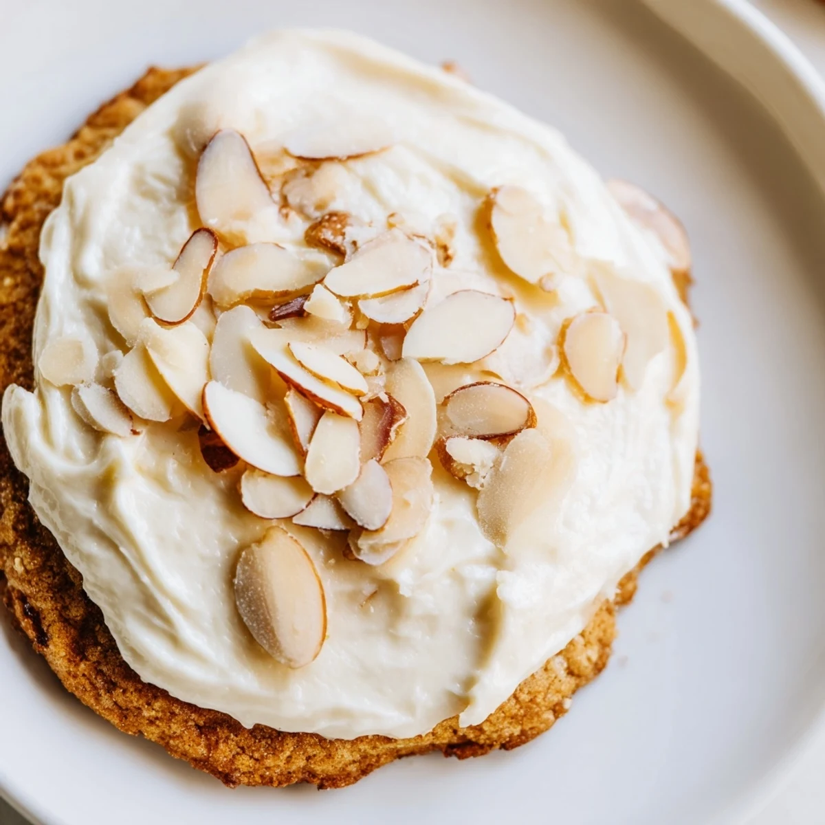 Frosted Delight Toasted Almond Keto Cookies with creamy vanilla frosting and crunchy sliced almonds on top.