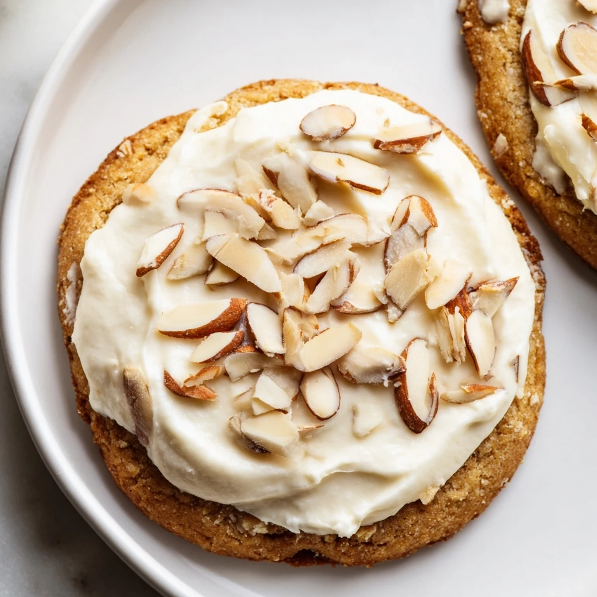 Close-up of Frosted Delight Toasted Almond Keto Cookies showing buttery texture and sugar-free frosting with toasted almond garnish.