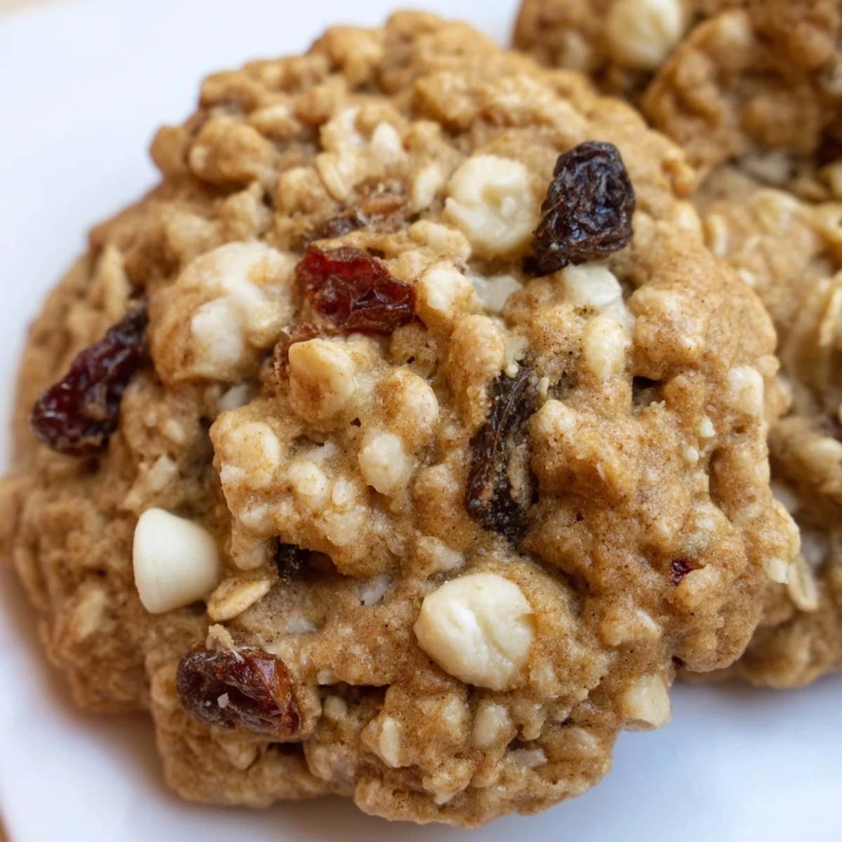 Crumbly Holiday Glow Peppermint Twist Oatmeal Raisin cookies featuring festive crushed candy cane pieces.