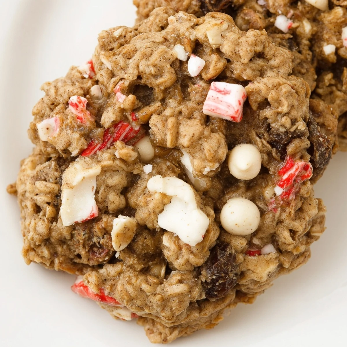 Freshly baked Holiday Glow Peppermint Twist Oatmeal Raisin cookies stacked high on a rustic wooden board.