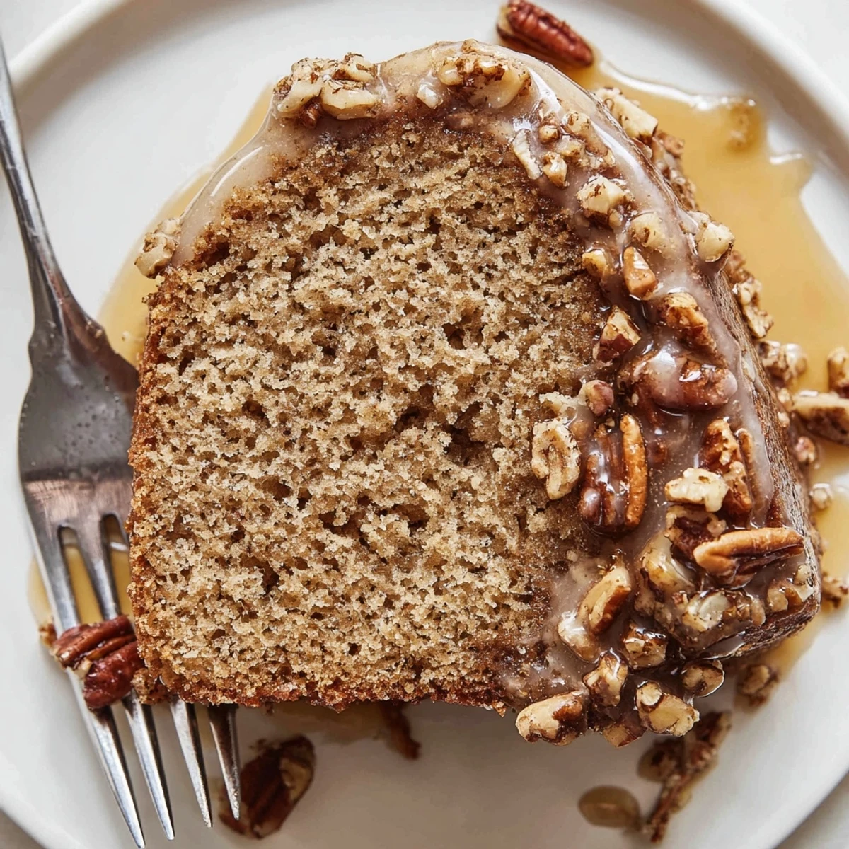 A warm slice of Winter Spice Maple Dream served with a dollop of whipped cream and a steaming mug of spiced chai tea.