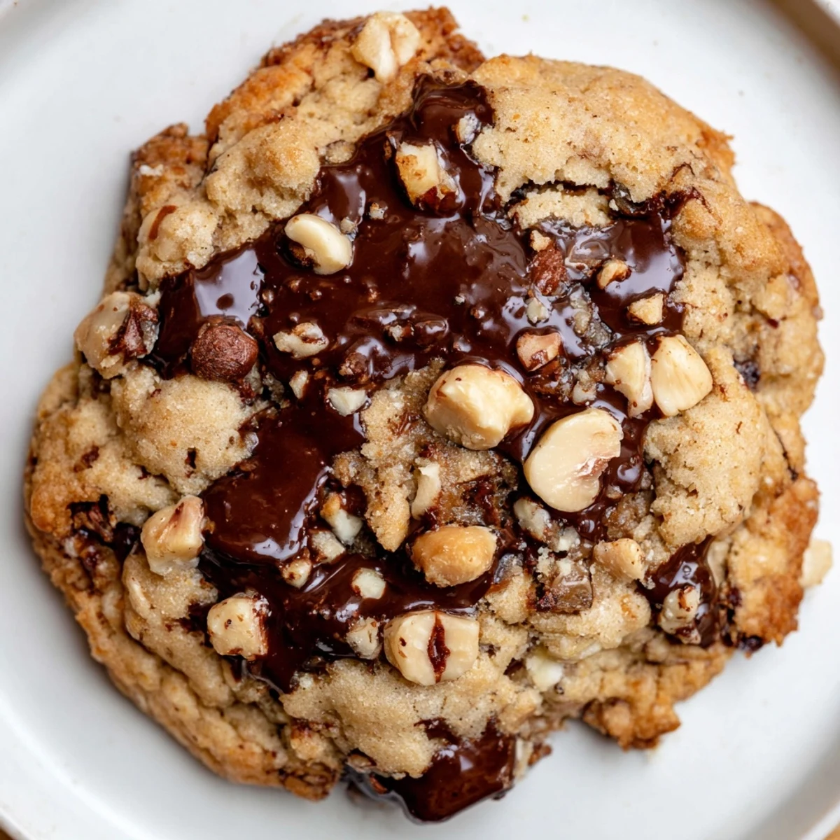 Freshly baked Winter Market Hazelnut Drizzle Chocolate Chip Cookies on a cooling rack with a glossy chocolate drizzle.