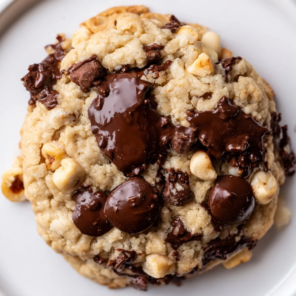 Golden-brown Winter Market Hazelnut Drizzle Chocolate Chip Cookies with toasted hazelnuts and festive drizzle, served on a wooden board.