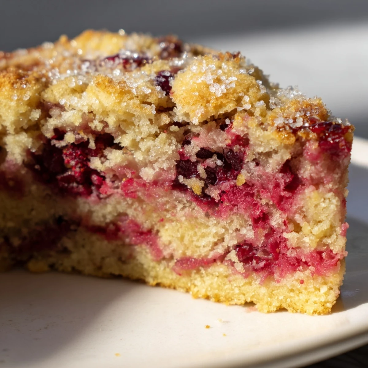 Freshly baked Winter Market Cranberry Swirl Cake with tart red berries and a golden, moist crumb on a wooden board.