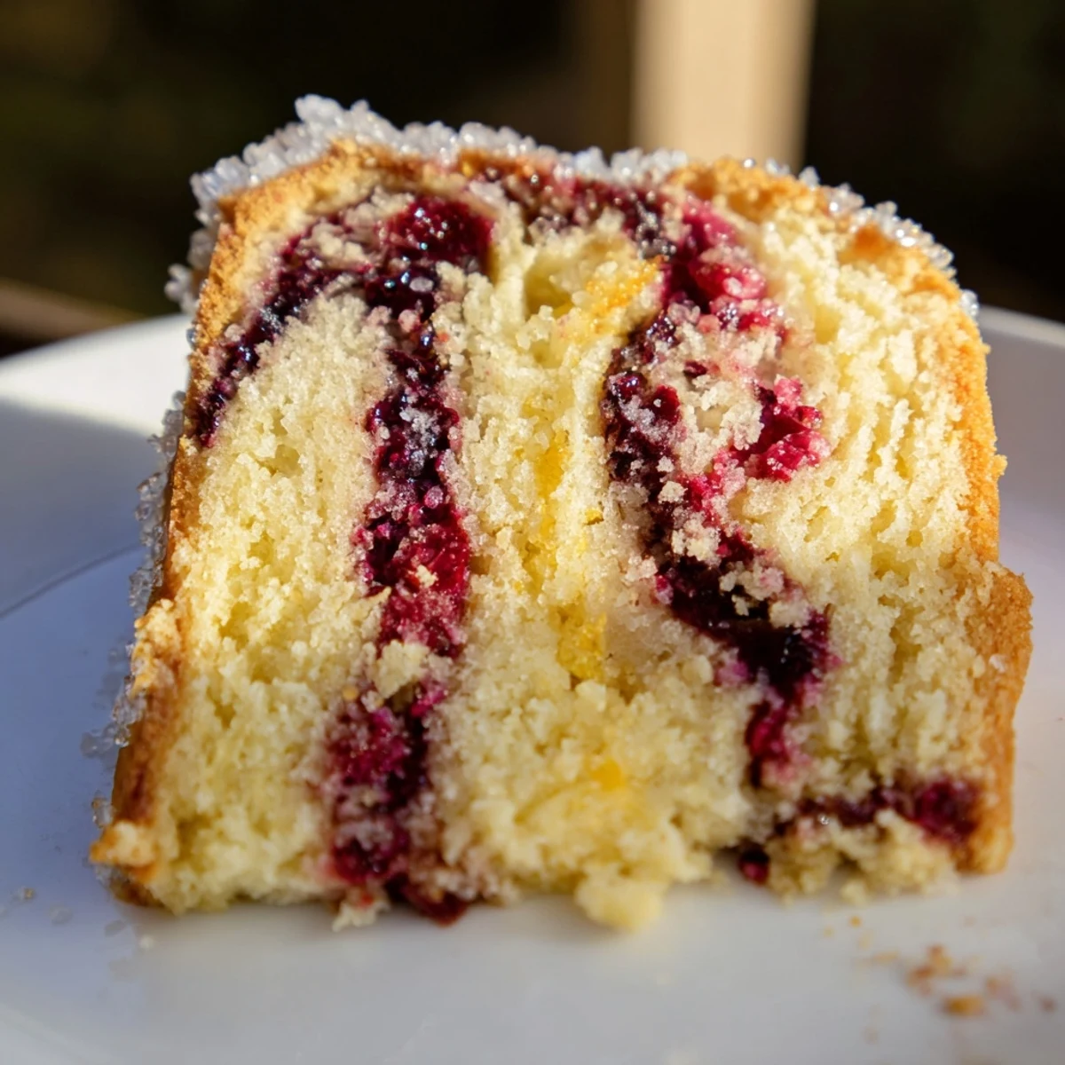 Moist gluten-free Winter Market Cranberry Swirl Cake with orange zest and coarse sugar topping, perfect for holiday gatherings.