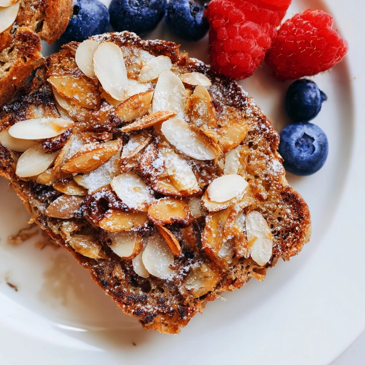 Fresh berries and a dusting of powdered sugar garnish the warm, crunchy almond topping.