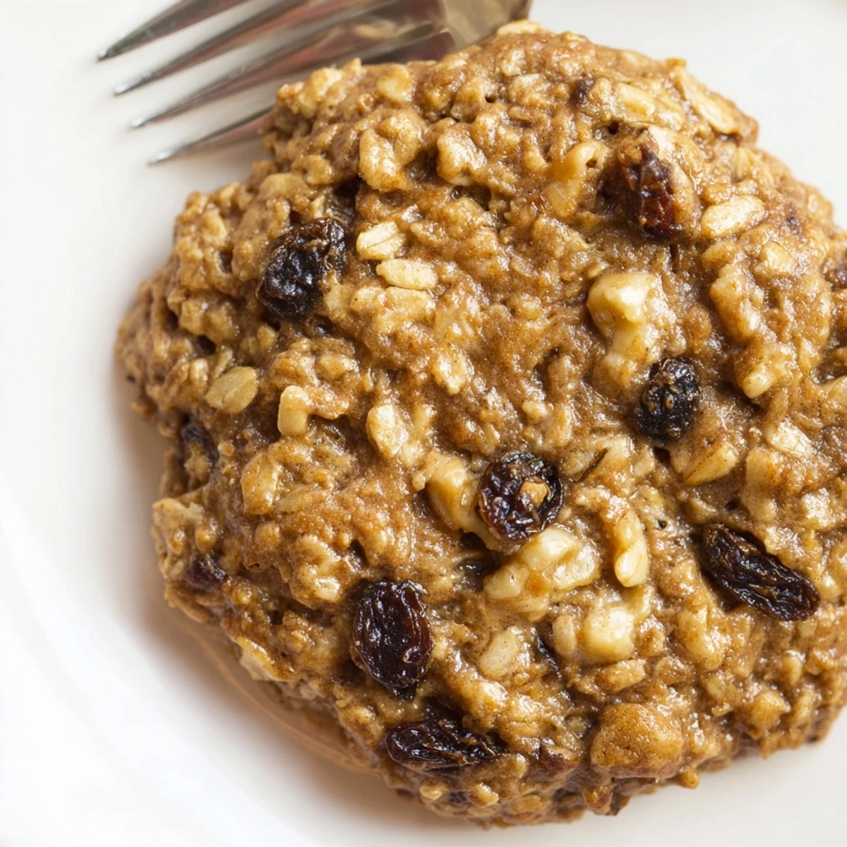 Close-up of a half-eaten January Bliss Maple Dream Oatmeal Raisin cookie revealing a soft, chewy center.