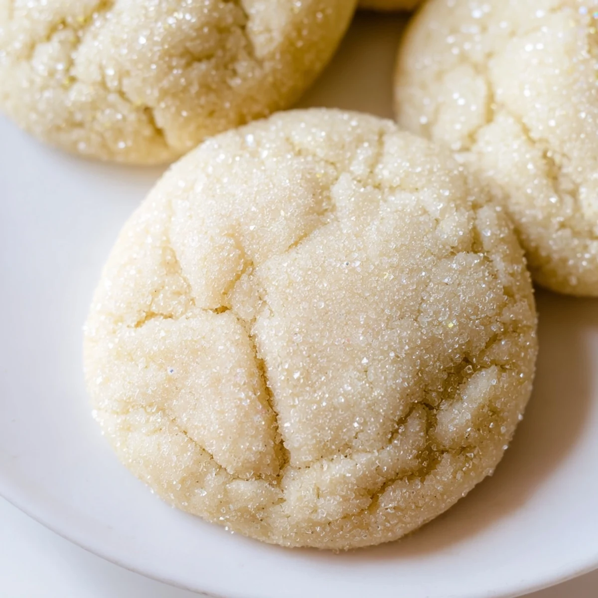 Fluffy January Bliss Vanilla Cloud Sugar Cookies rolled in sparkling sugar, ready to enjoy with a glass of cold milk.