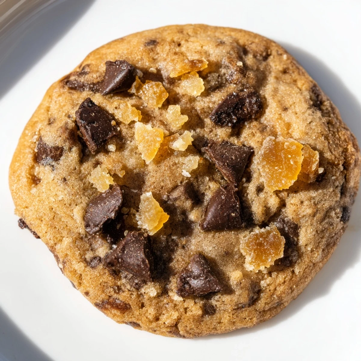 Close-up of a hand holding a January Bliss Ginger Spice Chocolate Chip cookie, showing soft, chewy texture.