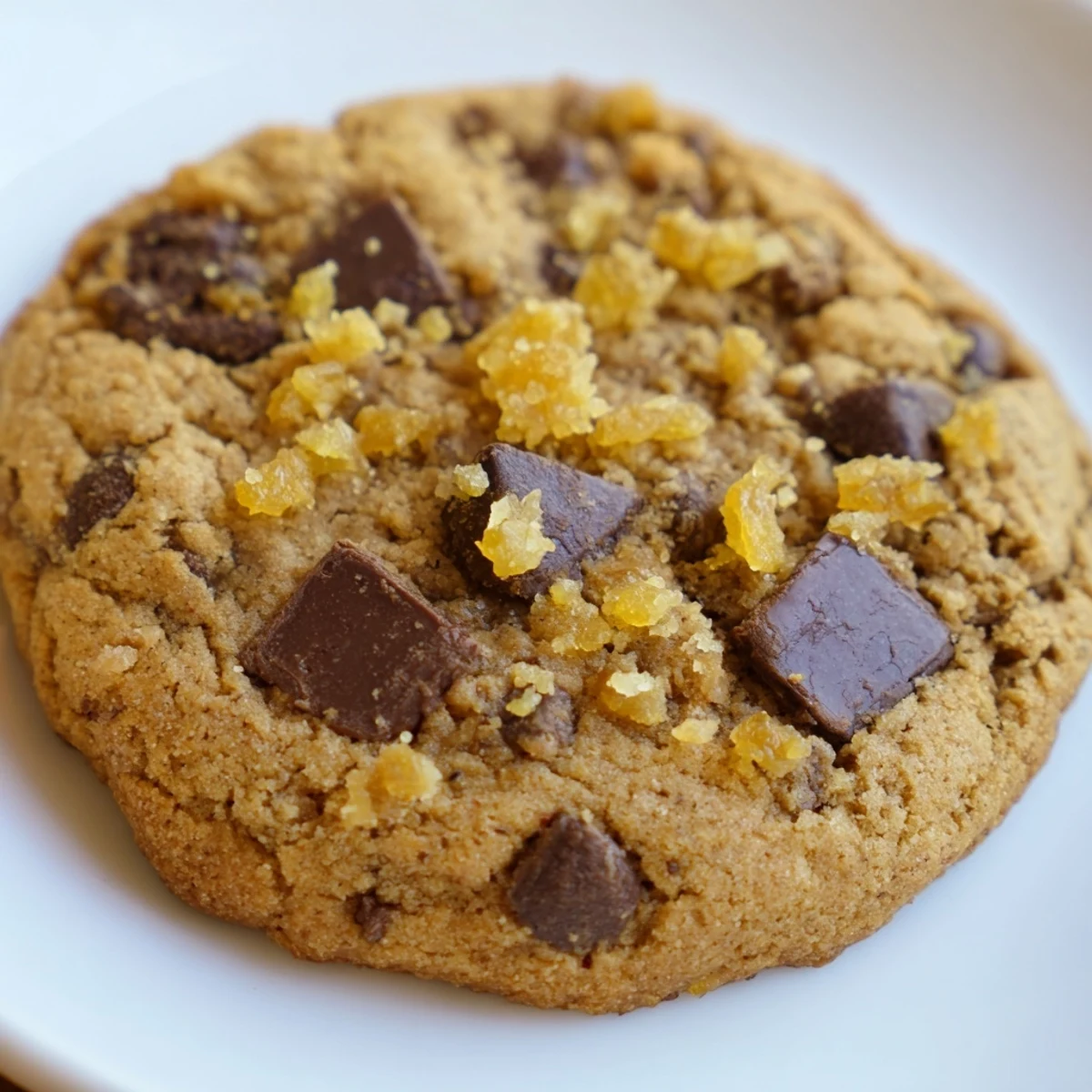 Golden-brown January Bliss Ginger Spice Chocolate Chip cookies stacked on a white plate, with cozy winter spices.