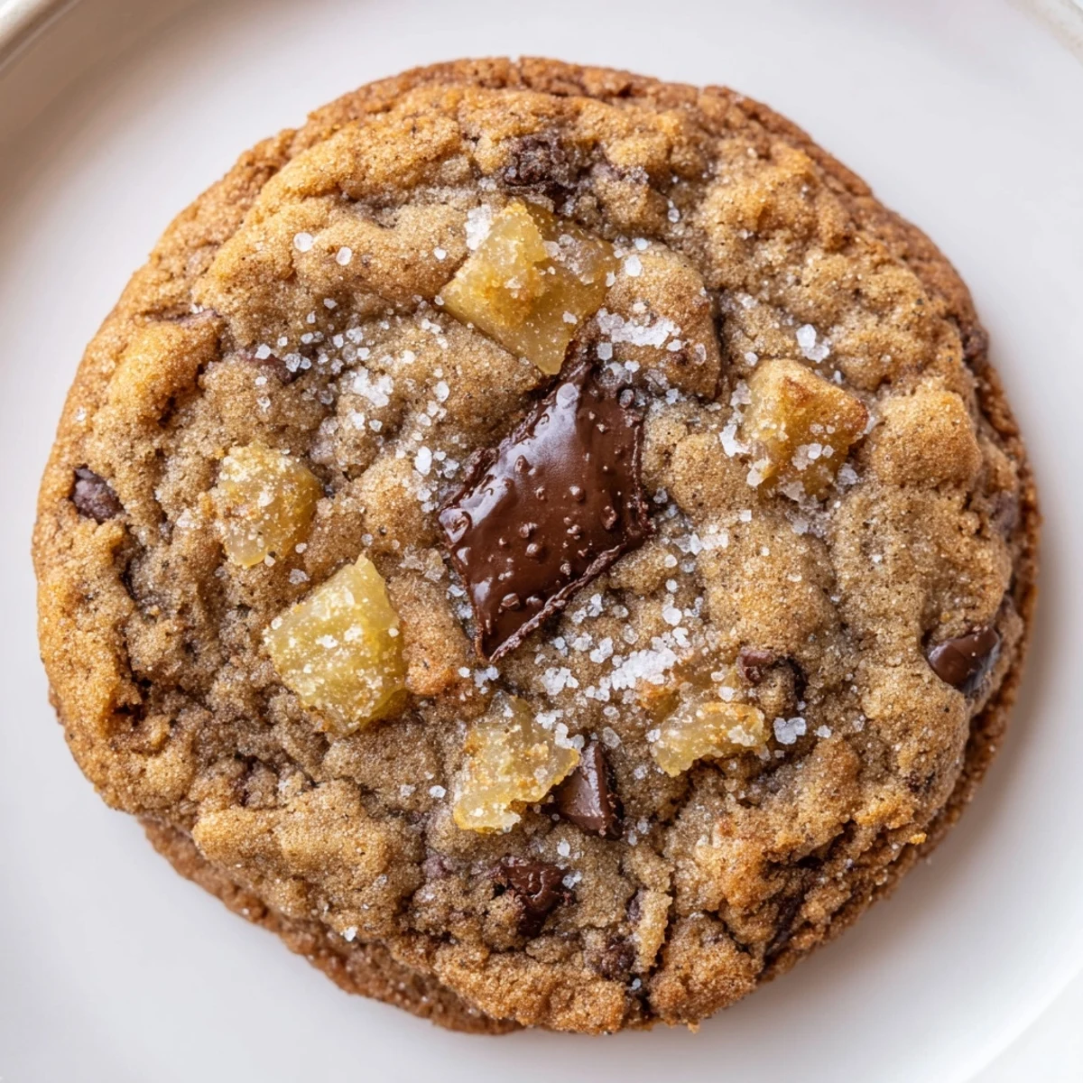 Freshly baked Holiday Glow Ginger Spice Chocolate Chip cookies on a wire cooling rack, with gooey chocolate and crystalized ginger.