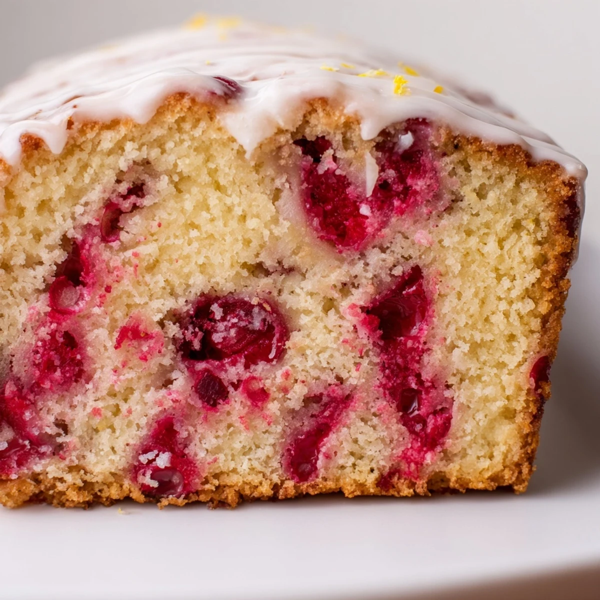 A slice of January Bliss Cranberry Swirl cake on a white plate, showing a bright red fruit spiral in the dense, moist crumb.