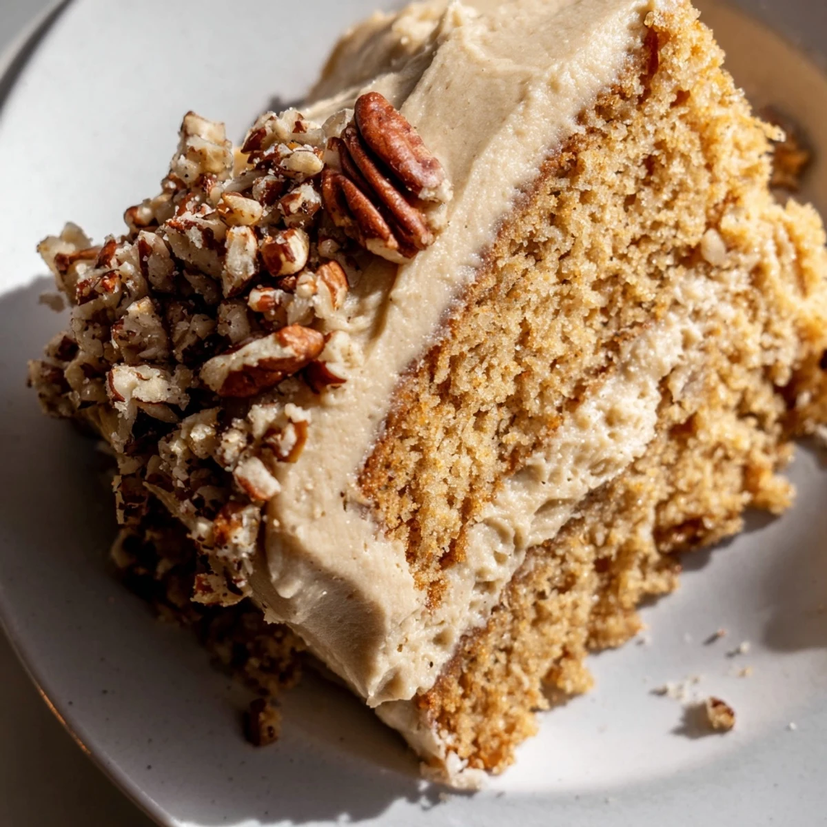 A slice of Frosted Delight Maple Dream cake is served on a white plate, showcasing fluffy layers and creamy frosting.