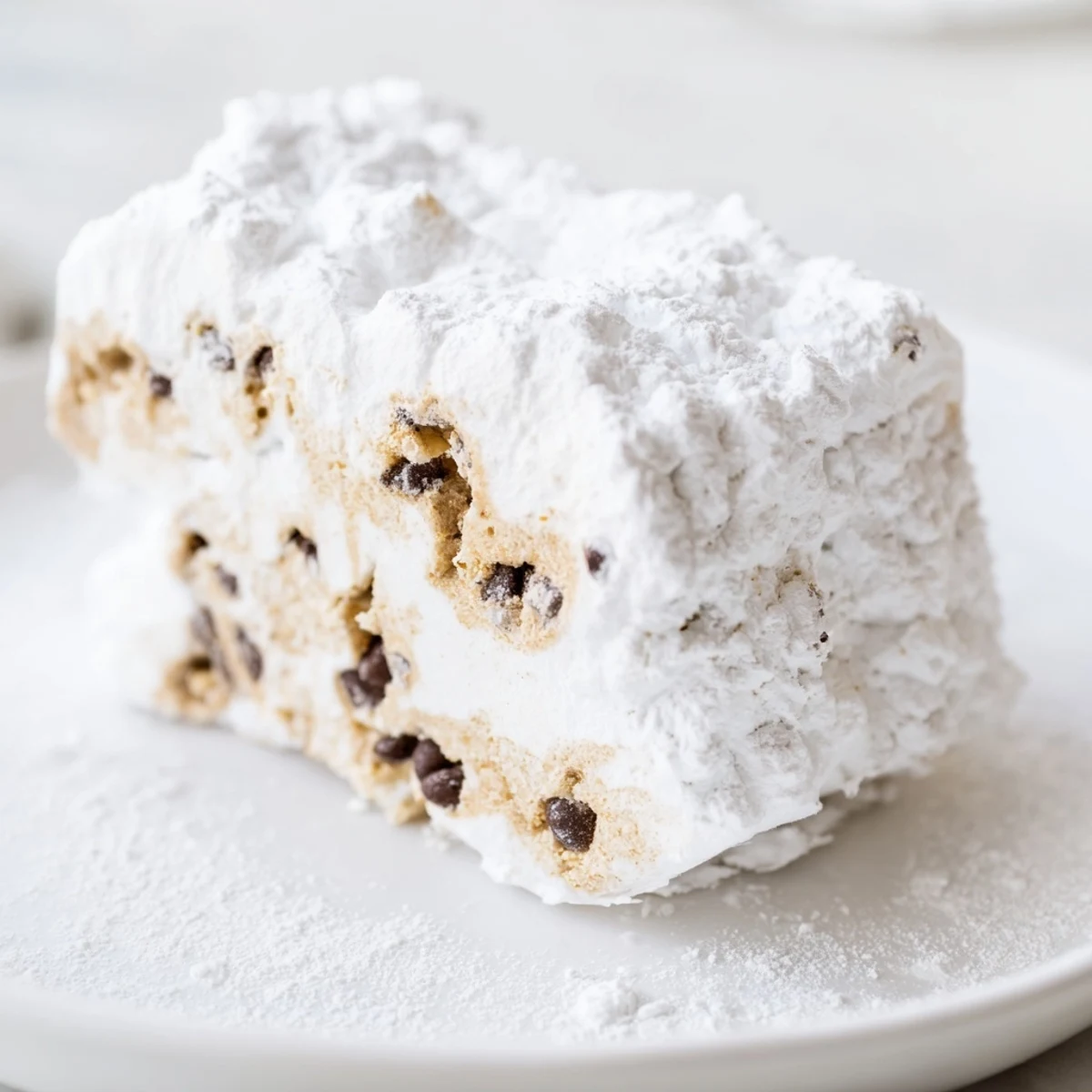 Stacked squares of Fireplace Treat Vanilla Cloud Chocolate Chip on a parchment-lined tray, with extra mini chocolate chips scattered on top. 