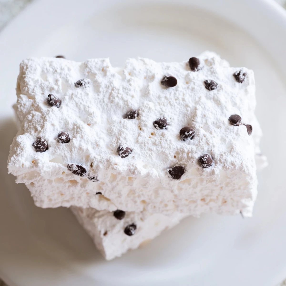 Fireplace Treat Vanilla Cloud Chocolate Chip squares on a wooden board dusted with powdered sugar, ready for a cozy night. 