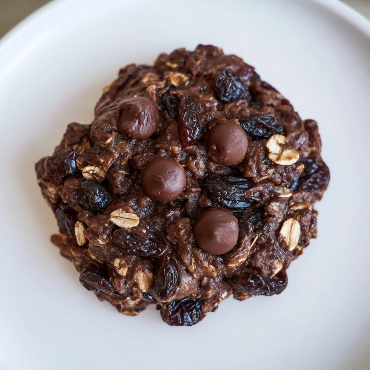 Stack of warm, chewy New Year Celebration Cocoa Burst Oatmeal Raisin cookies on a plate.