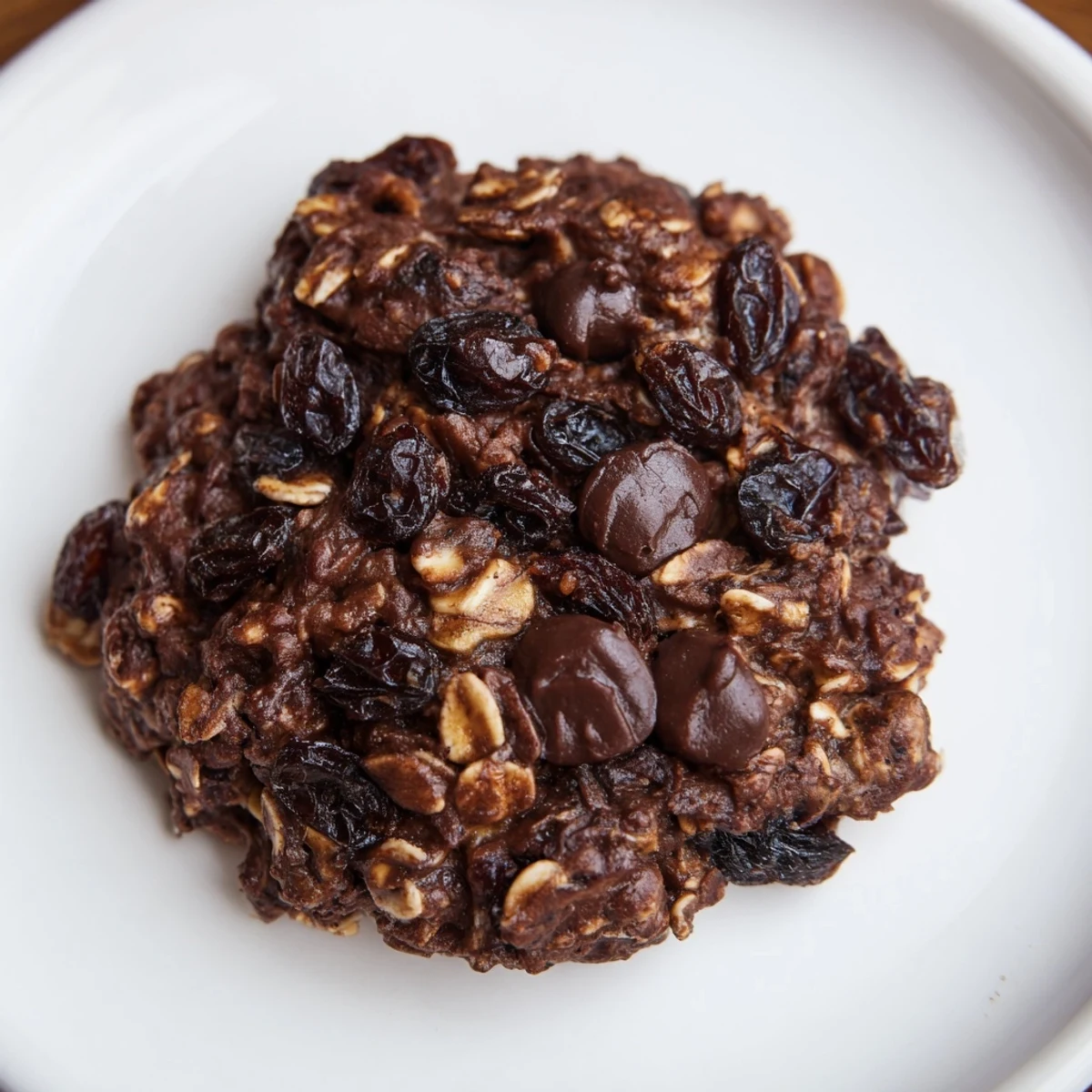 Festive New Year Celebration Cocoa Burst Oatmeal Raisin cookies with raisins and cocoa powder.