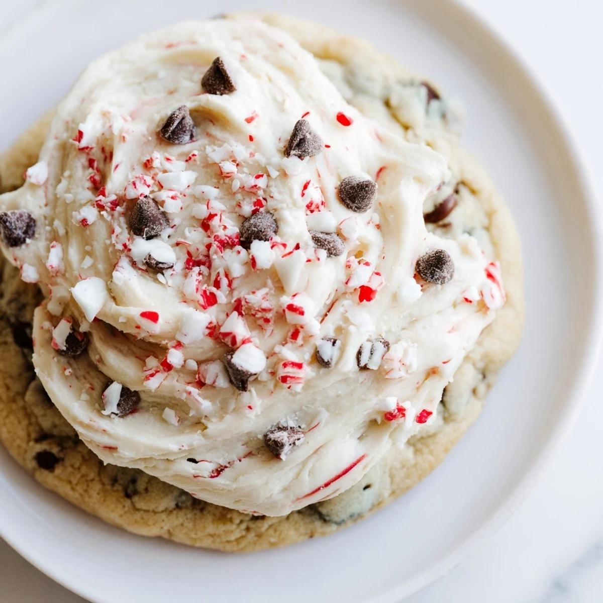 Freshly baked Frosted Delight Peppermint Twist Chocolate Chip cookies cooling on a wire rack with red and white sprinkles.