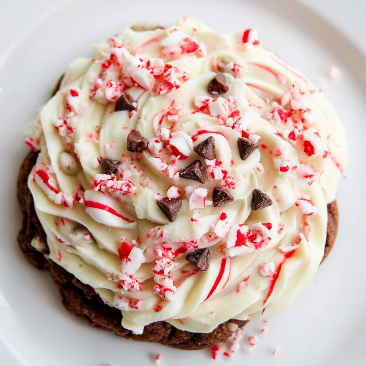 Holiday Frosted Delight Peppermint Twist Chocolate Chip cookies topped with swirls of pink frosting and crushed candy canes.