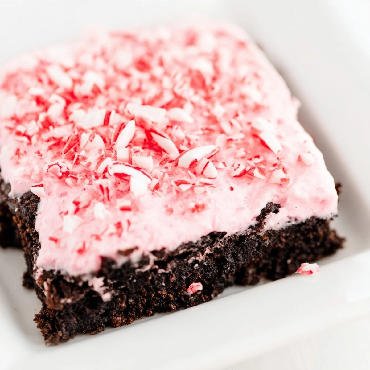 A close-up of gluten-free New Year Celebration Peppermint Twist squares stacked on a white plate with hot cocoa. 