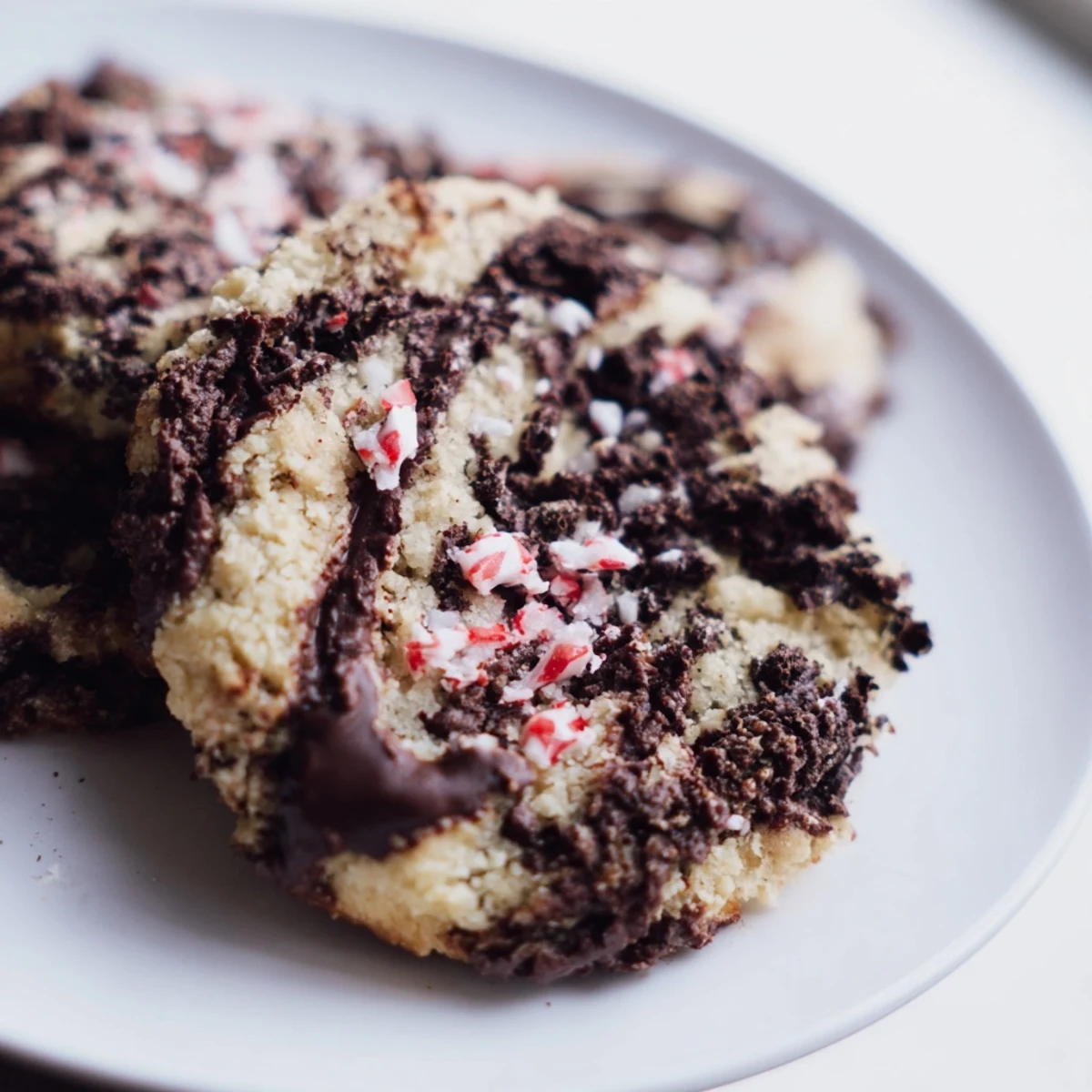 Close-up of Cozy Evening Peppermint Twist Keto Cookies showing rich chocolate swirls and a sprinkle of crushed peppermint candy on a rustic wooden board.