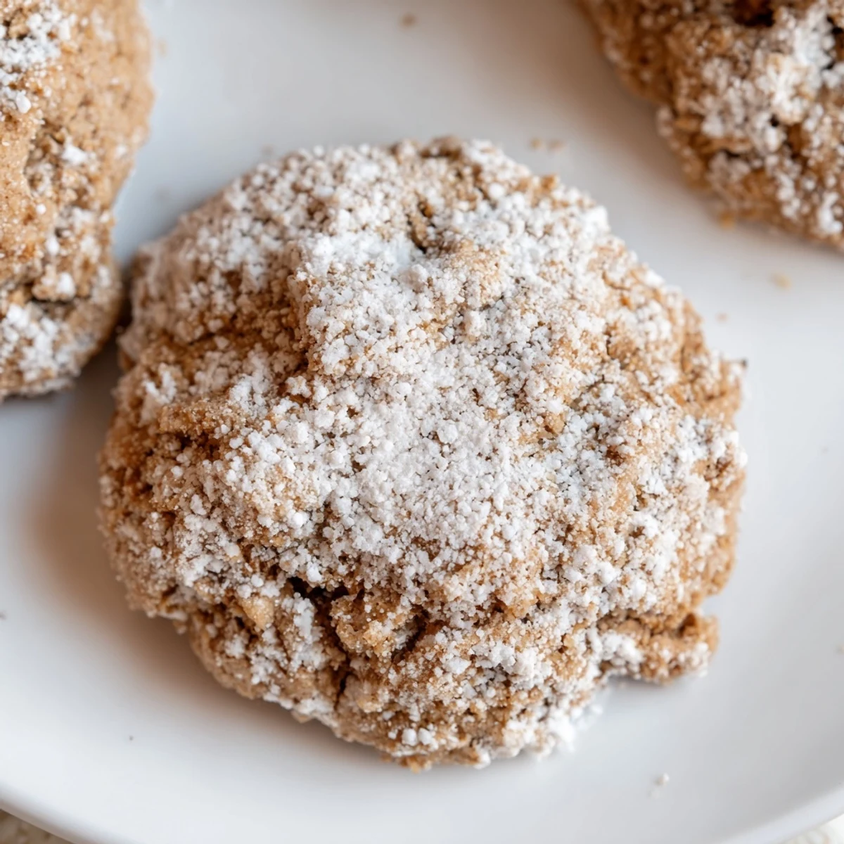 Golden-brown Winter Spice Cinnamon Drift Keto Cookies on a rustic wooden board, dusted with sweetener and paired with a steaming mug of tea.