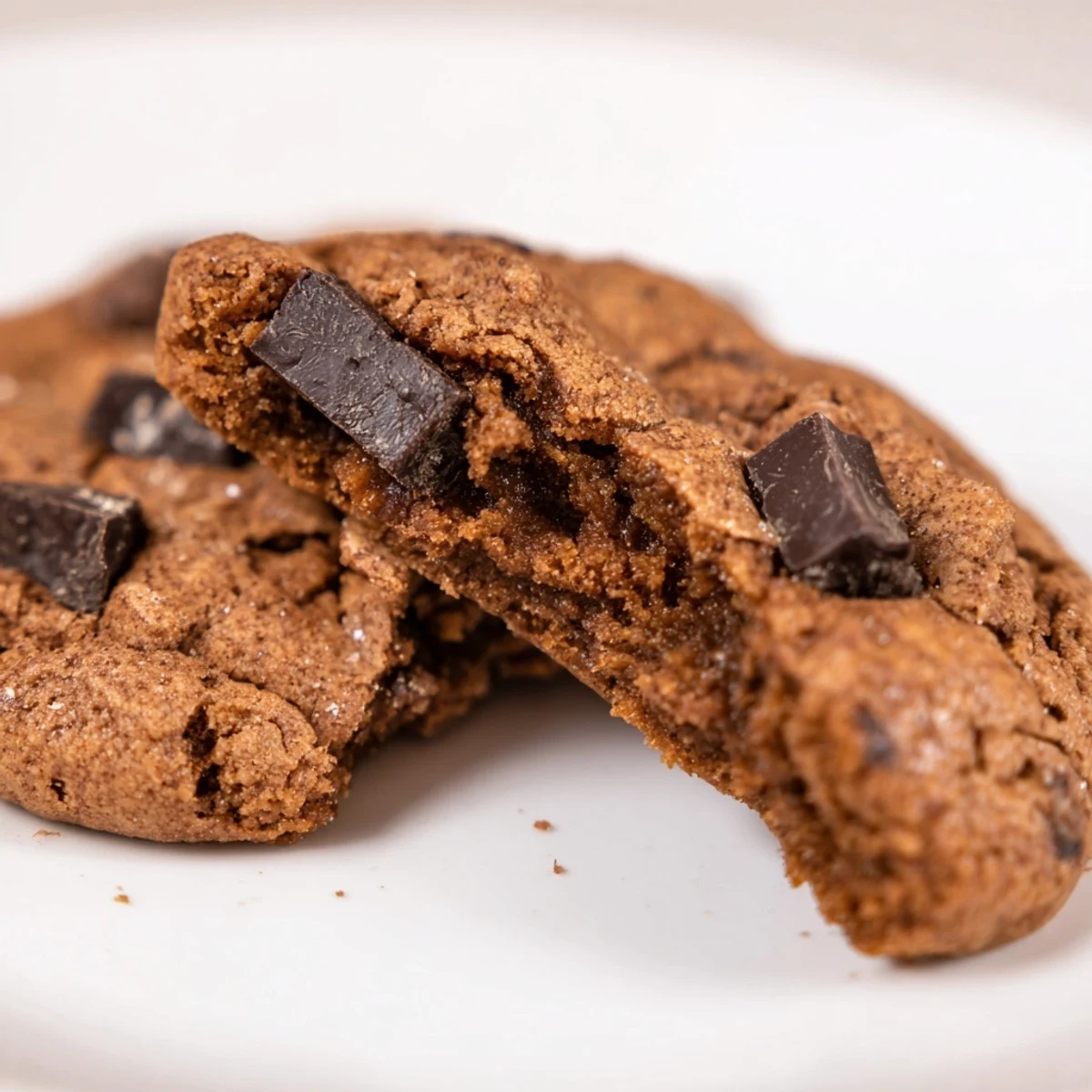 Close-up of Winter Spice Mocha Whisper Chocolate Chip cookies, showcasing melted semi-sweet chocolate chunks and dark cocoa textures on a festive plate.