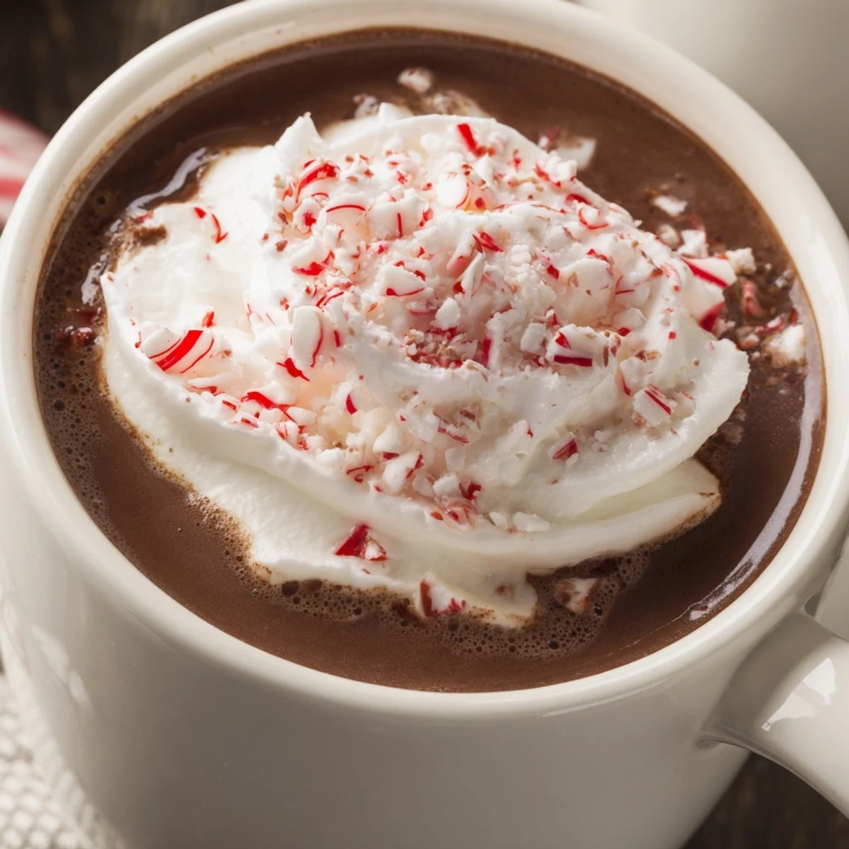 Creamy Cozy Evening Peppermint Twist hot chocolate topped with whipped cream and crushed candy in a cozy mug.