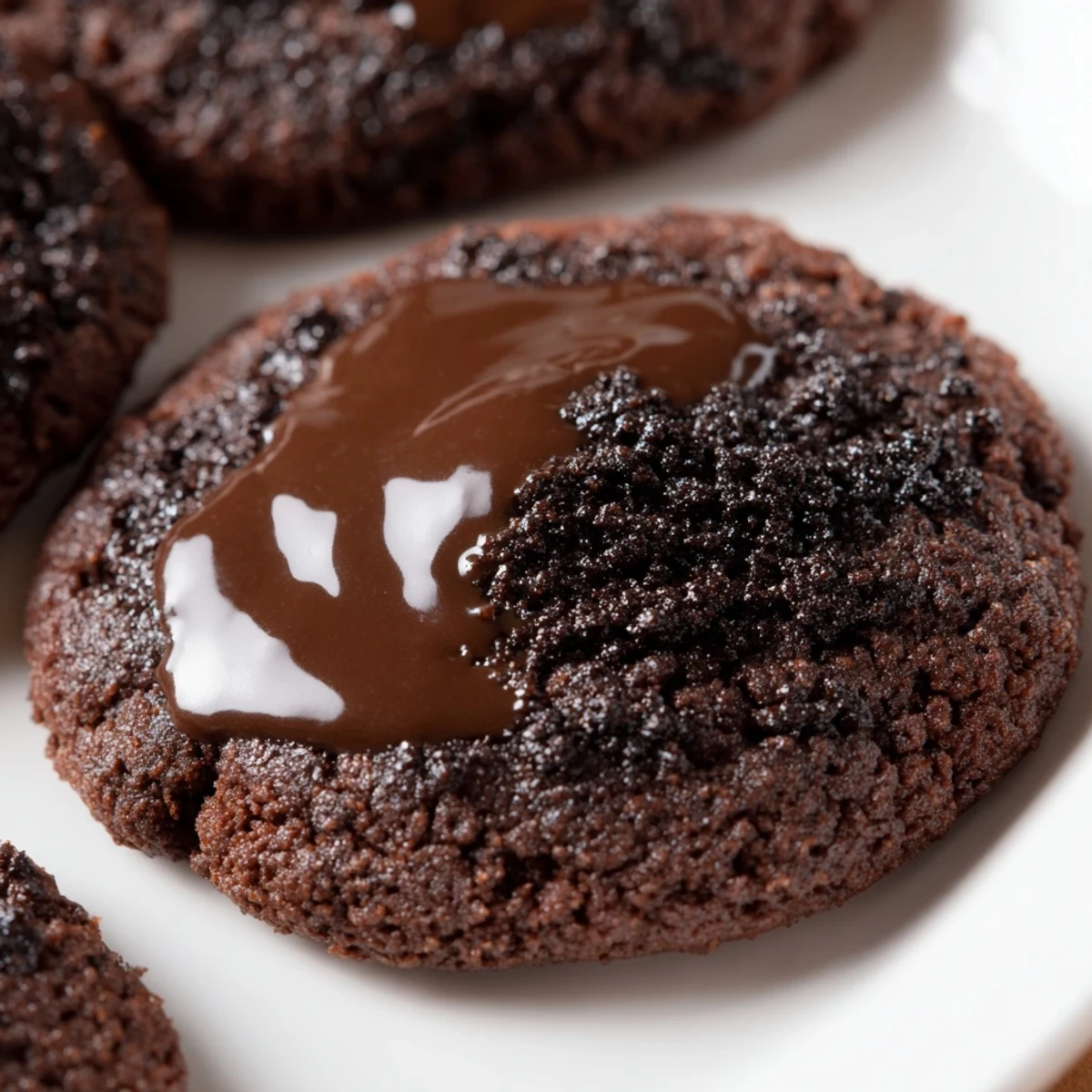 A close-up shows a Frosted Delight Mocha Whisper Vegan Cookie with a shiny espresso glaze dripping down the side onto a white plate. 