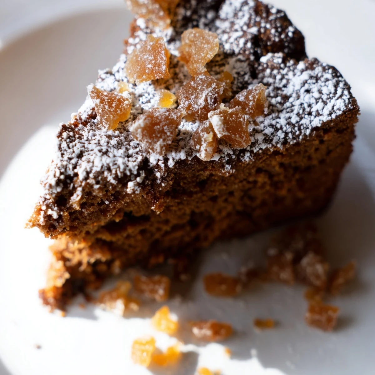 Freshly baked Winter Spice Ginger Cake dusted with powdered sugar on a rustic wooden board.