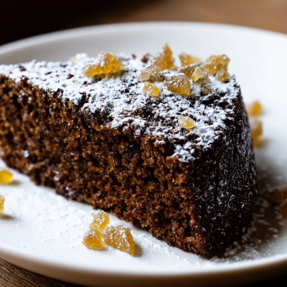 Golden-brown Winter Spice Ginger Cake with chopped crystallized ginger topping on a cooling rack.