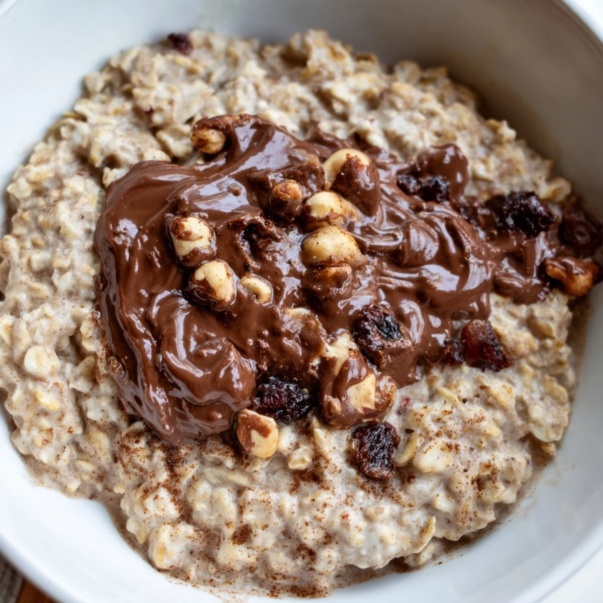 Creamy Snowy Day Hazelnut Drizzle Oatmeal Raisin served warm in a bowl, topped with crunchy toasted hazelnuts and a rich chocolate drizzle.