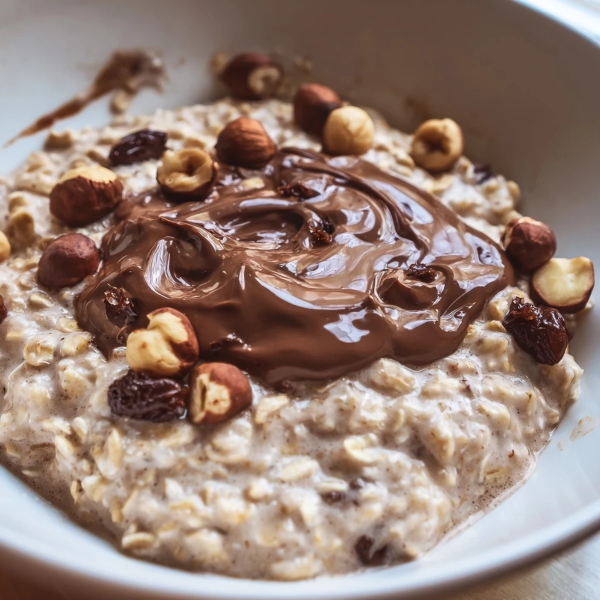 A close-up of Snowy Day Hazelnut Drizzle Oatmeal Raisin, highlighting plump raisins, nutty hazelnuts, and a decadent hazelnut-chocolate swirl.
