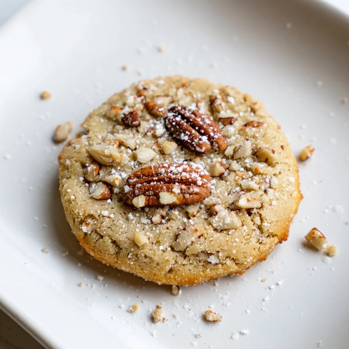A close-up of Holiday Glow Maple Dream Keto Cookies reveals golden edges and a light dusting of flaky sea salt on top.