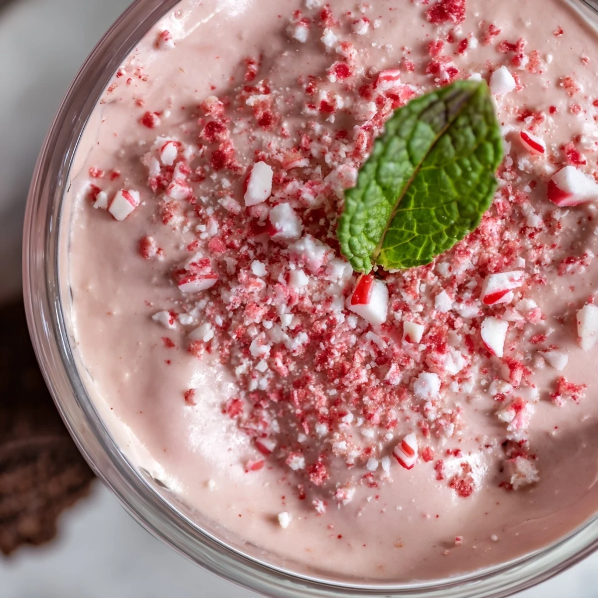 Layered January Bliss Peppermint Twist dessert in a glass with a dark chocolate cookie crumb base and creamy red mousse topped with crushed peppermint candies.