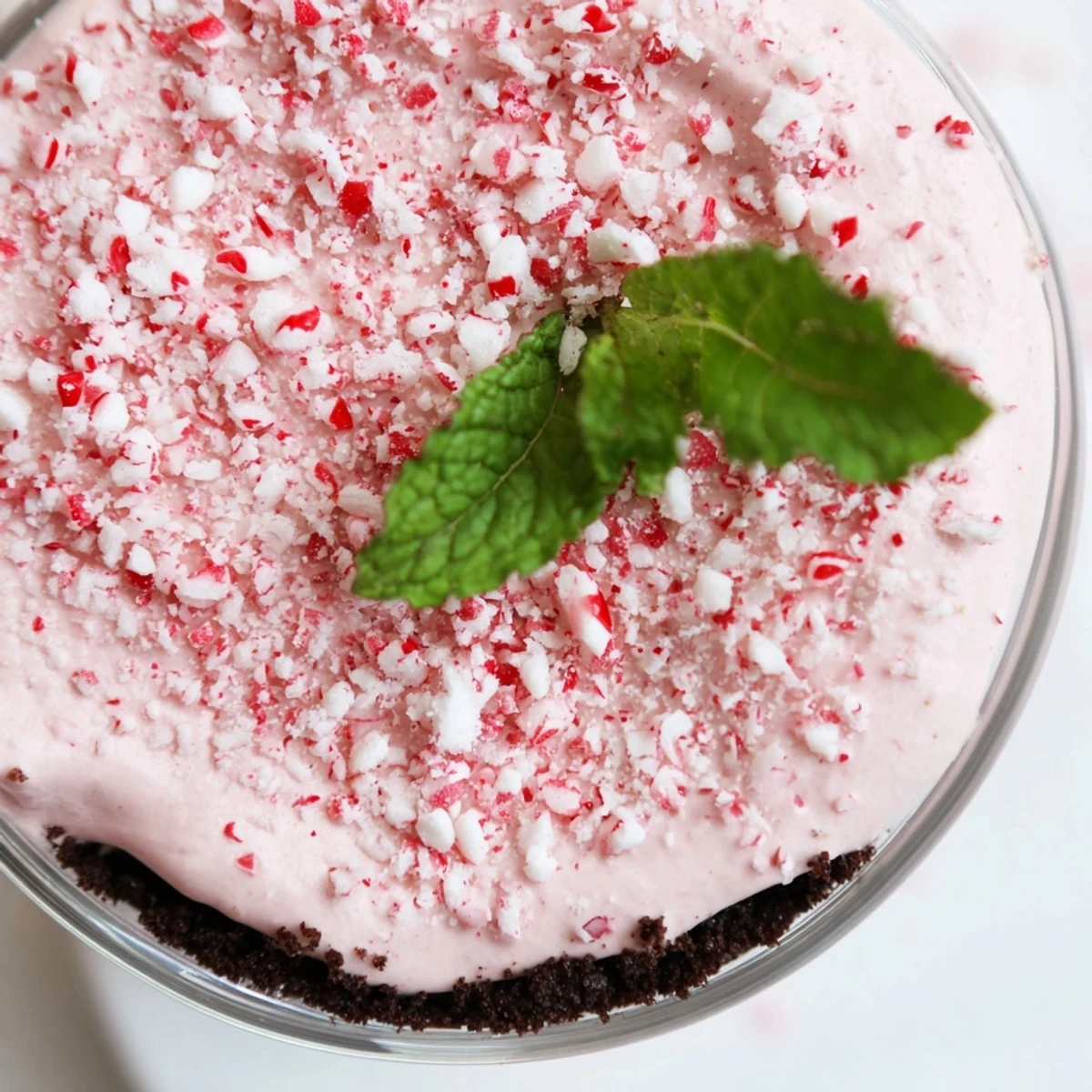 A single serving of January Bliss Peppermint Twist featuring a smooth mint mousse layer, dark chocolate base, and fresh mint leaf garnish on a rustic table.