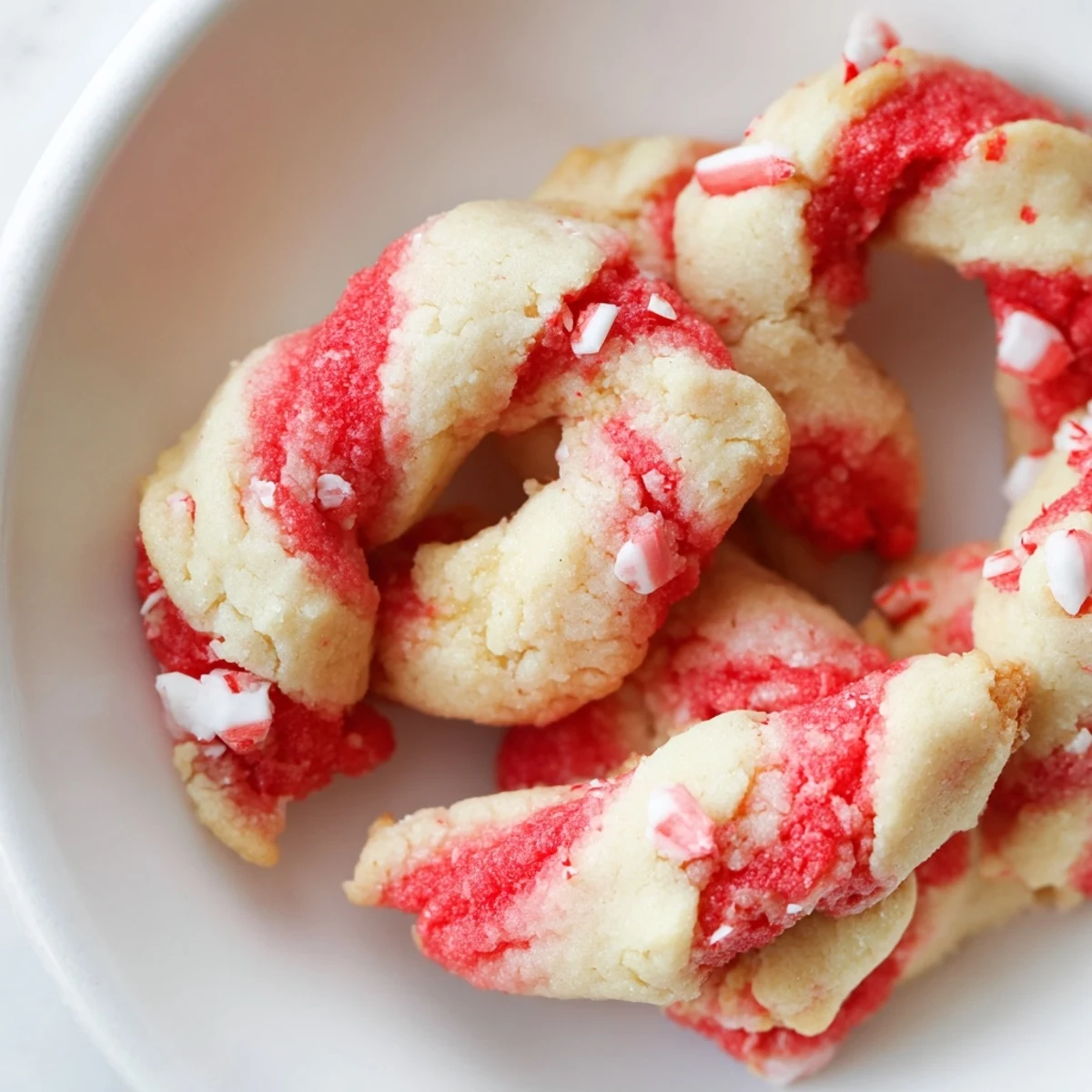 Close-up of Holiday Glow Peppermint Twist Keto Cookies on a festive red napkin, showing the candy cane swirl and crushed peppermint topping. 