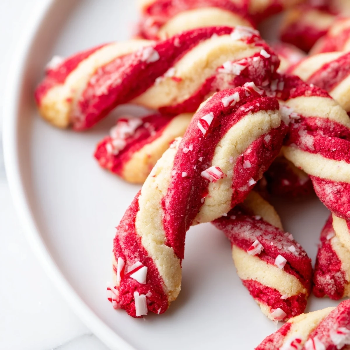 Two Holiday Glow Peppermint Twist Keto Cookies stacked on a white plate, revealing a tender interior and red swirl pattern.