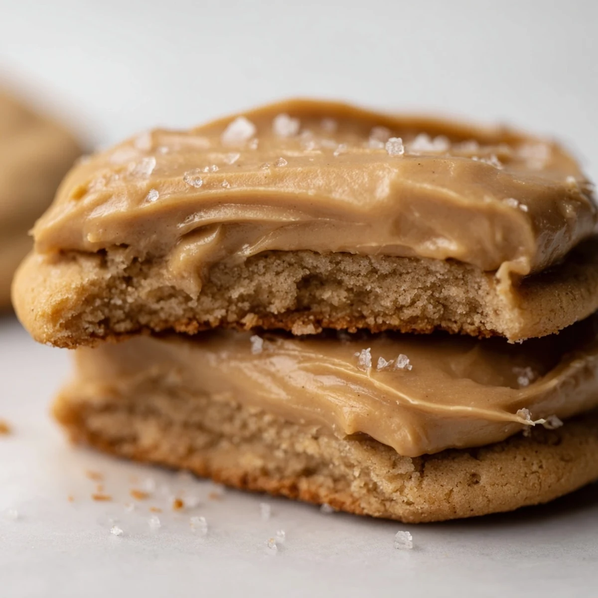 Warm January Bliss Caramel Frost Vegan Cookies stacked high with gooey caramel frosting and a sprinkle of sea salt.