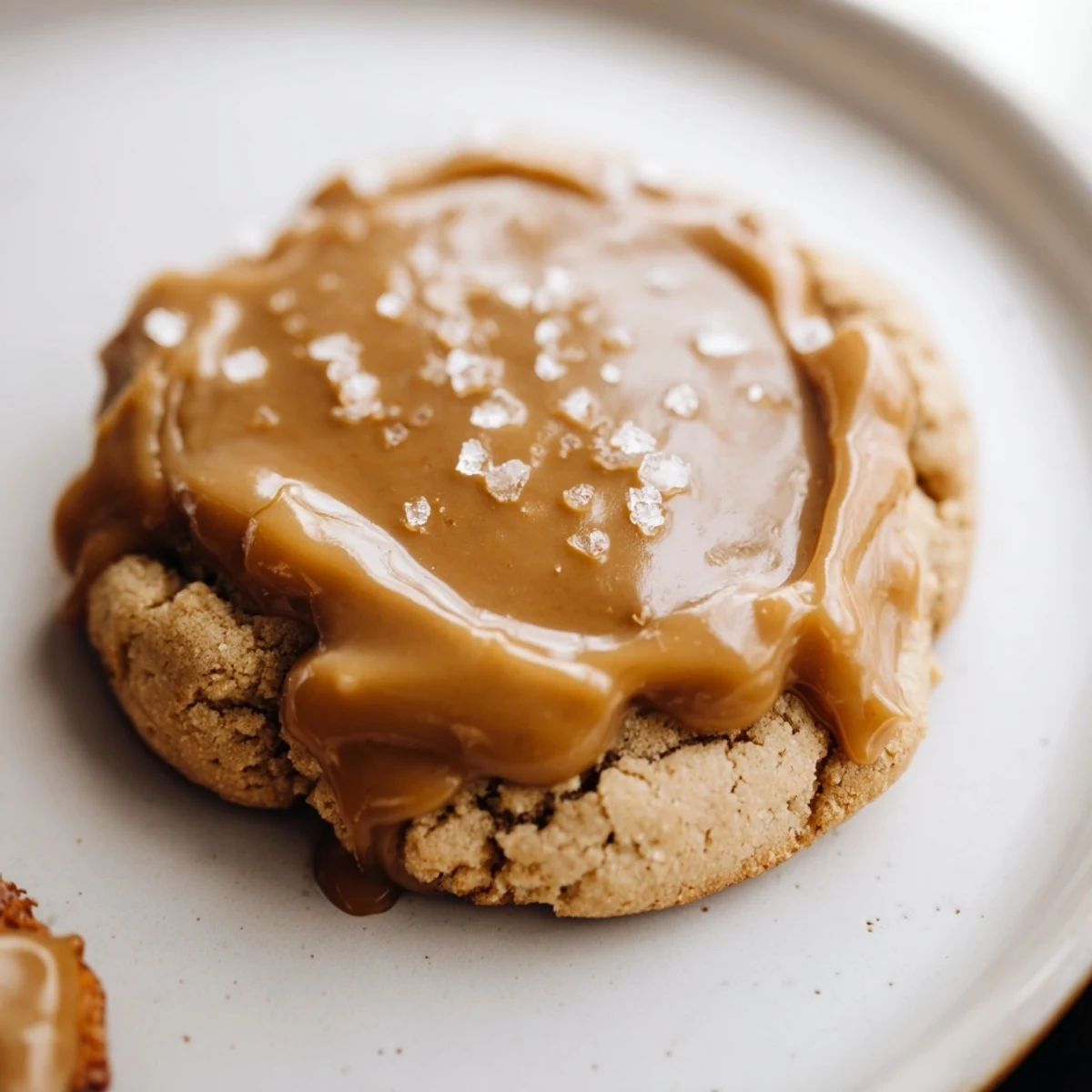 Vegan Cozy Evening Caramel Frost Vegan Cookies drizzled with caramel frosting and topped with a sprinkle of sea salt.