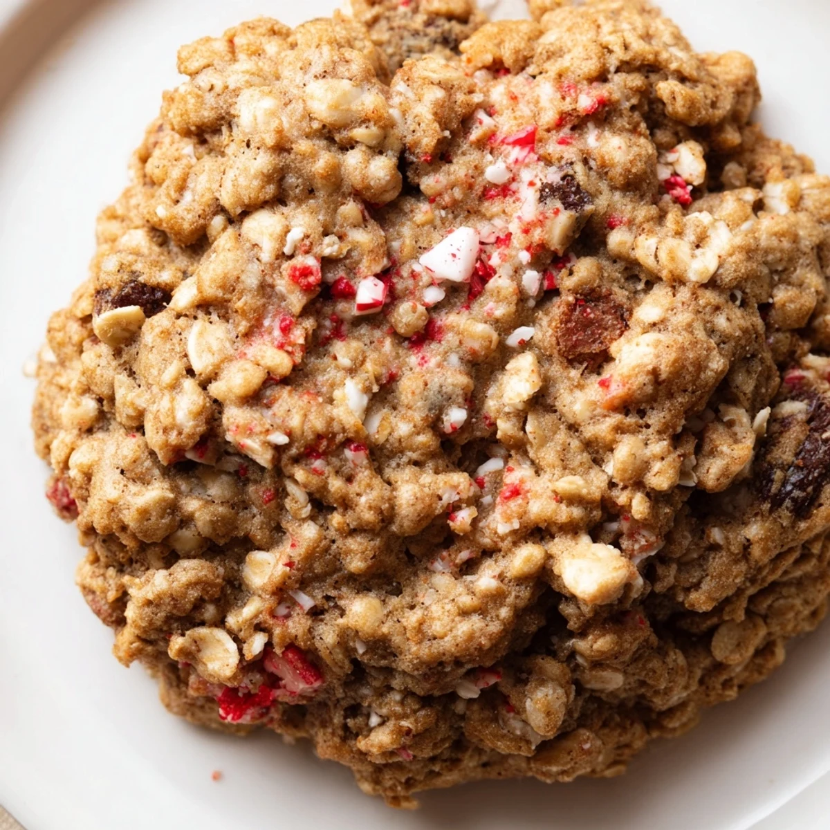 Cooling Cozy Evening Peppermint Twist Oatmeal Raisin Cookies on a wire rack with crushed candy cane topping.