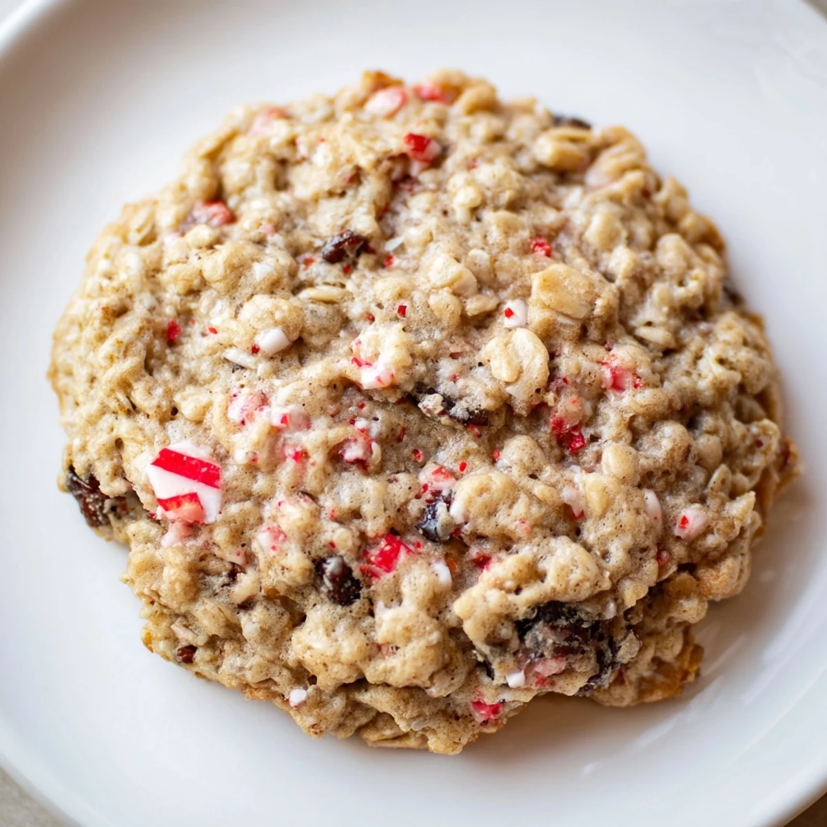 A festive plate of Cozy Evening Peppermint Twist Oatmeal Raisin Cookies beside a warm mug of milk.