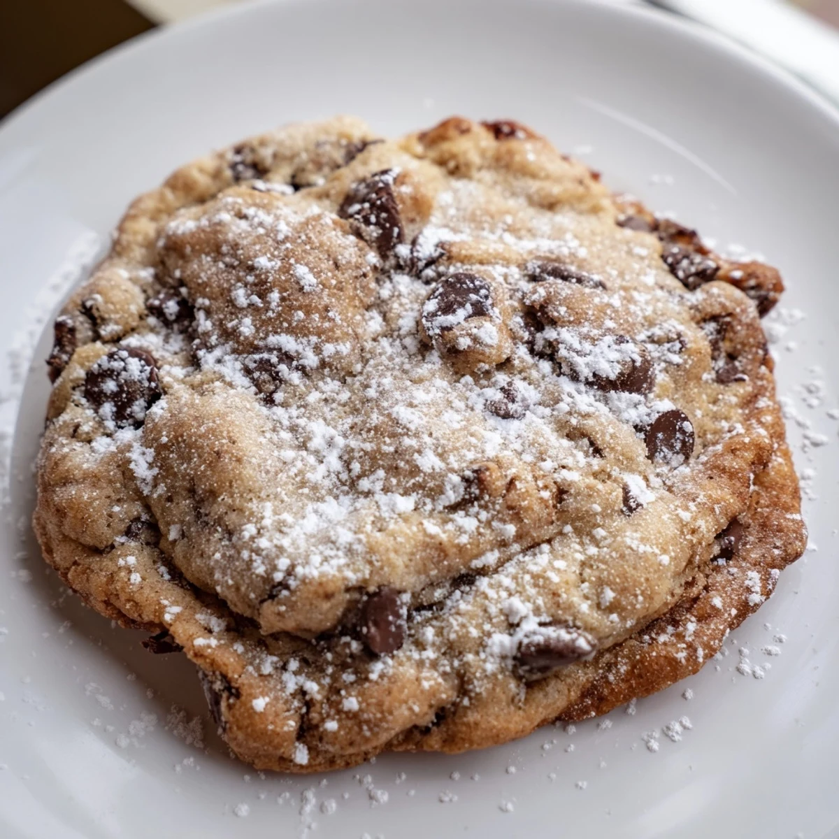 Freshly baked Snowy Day Cinnamon Drift Chocolate Chip cookies stacked high, featuring soft edges and melty chocolate chips. 